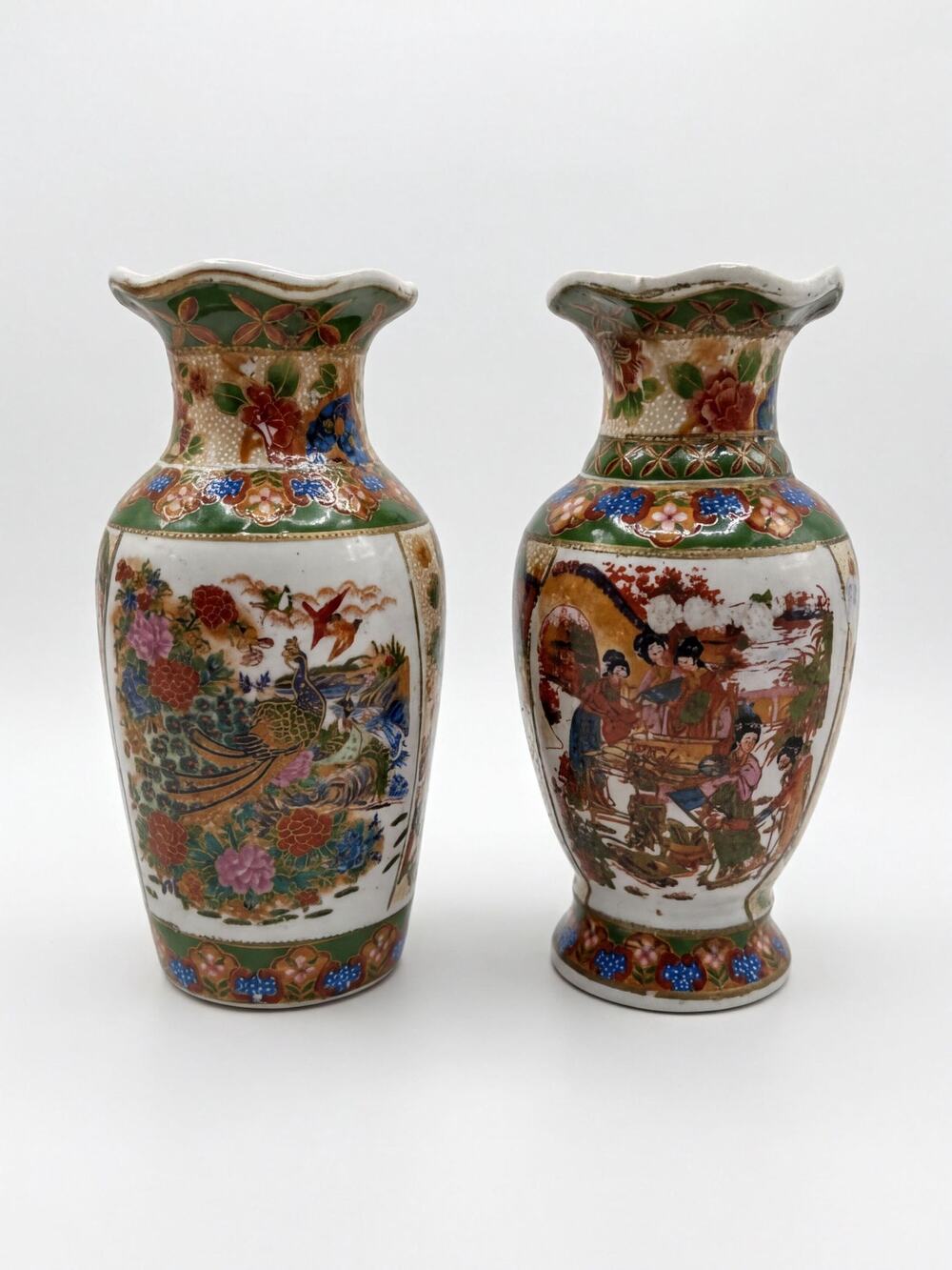 Japanese Satsuma Moriage Vase Pair Peacock Geisha Polychrome Gold Ruffled Rim
